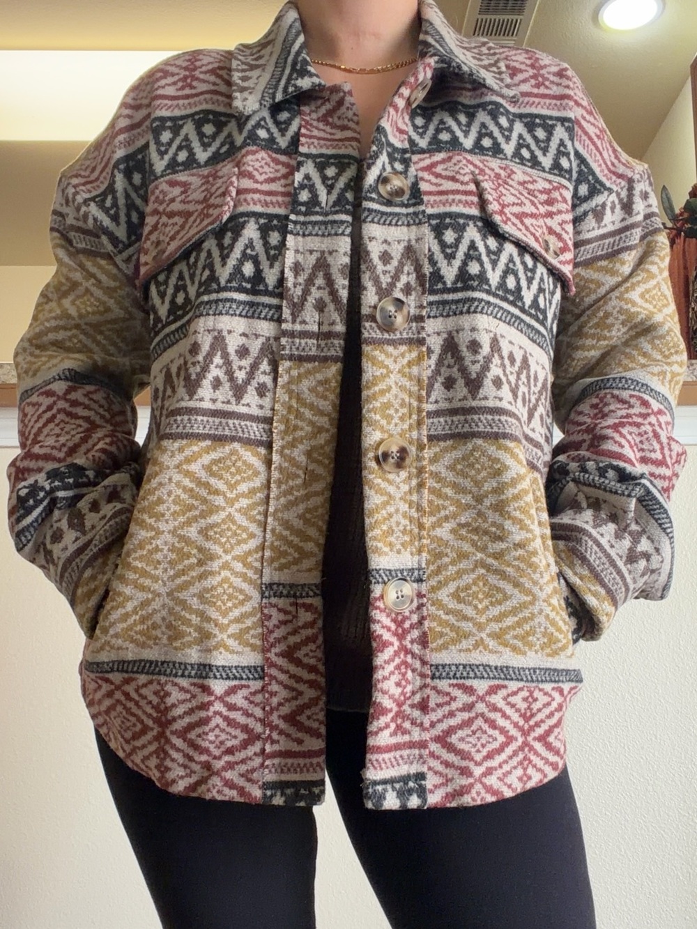 Mystree Boho Aztec Geometric Wool Blend Fall Shacket - Large